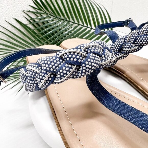 Draper James Blue Julianna Braided Embellished T-Strap Flat Sandals Size 10 - Picture 4 of 9